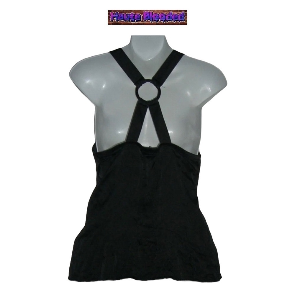y2k bebe Black Crepe Silk Tank Top Sexy Cami Silver Ring Crinkle 00's 90's Club - Picture 4 of 10